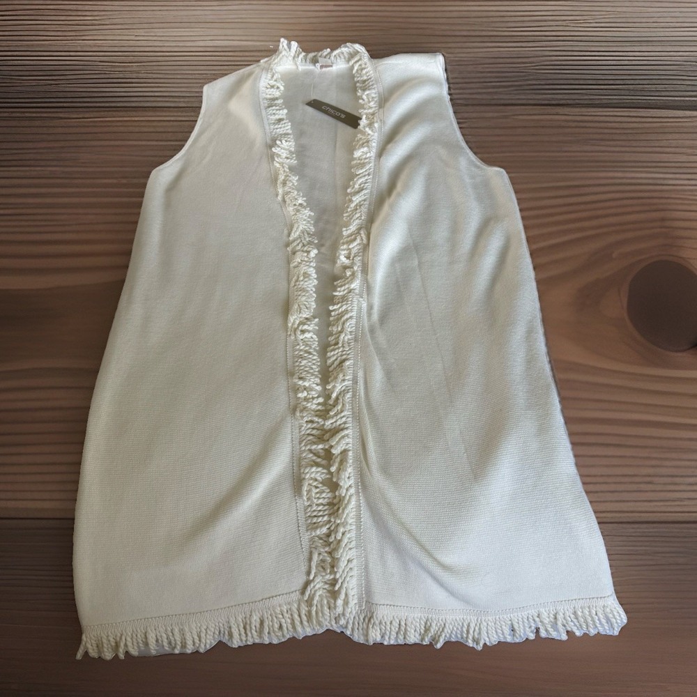 Chico's Women's Ivory/Cream Open Front Fringe Sleeveless Long Vest Size 1 M/8